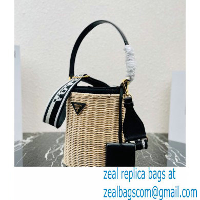 Prada Wicker and canvas bucket bag 1BE062 Black 2022