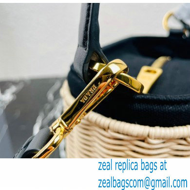 Prada Wicker and canvas bucket bag 1BE062 Black 2022