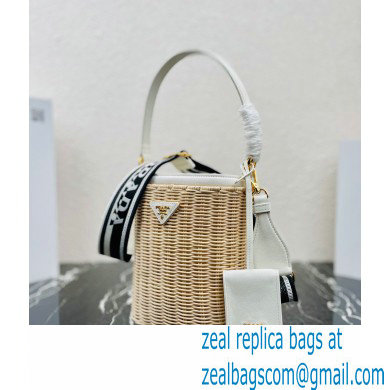 Prada Wicker and canvas bucket bag 1BE062 White 2022 - Click Image to Close