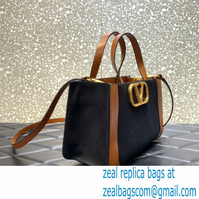 VALENTINO GARAVANI Vlogo Signature Small Canvas Tote Bag brown/navy blue 2022 - Click Image to Close