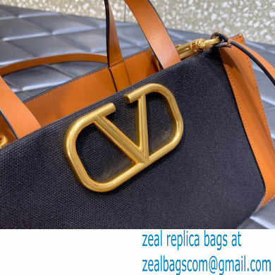 VALENTINO GARAVANI Vlogo Signature Small Canvas Tote Bag brown/navy blue 2022 - Click Image to Close