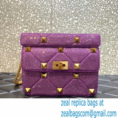 VALENTINO MEDIUM ROMAN STUD THE SHOULDER BAG WITH CHAIN AND SPARKLING EMBROIDERY PURPLE 2022