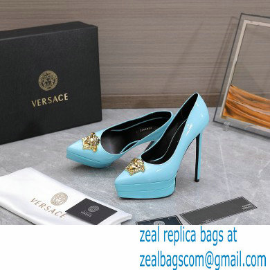 Versace Heel 15.5cm platform 1.5cm Barocco Palazzo La Medusa Pumps Patent Blue 2022 - Click Image to Close