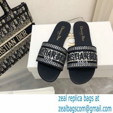 dior Black Cotton Embroidery with Metallic Thread and Silver-Tone Strass dway slides 2022