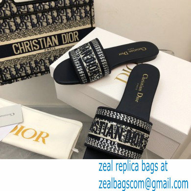 dior Black Cotton Embroidery with Metallic Thread and Silver-Tone Strass dway slides 2022