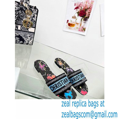 dior Black Multicolor Embroidered Cotton with Dior Pixel Zodiac Motif dway slides 2022