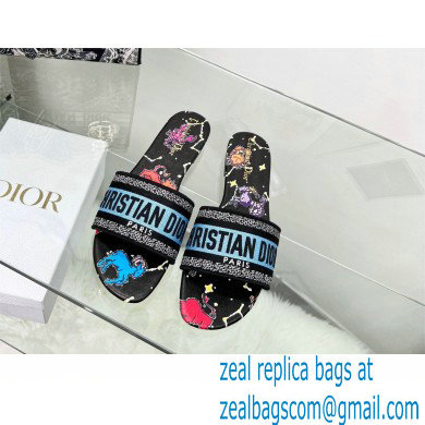 dior Black Multicolor Embroidered Cotton with Dior Pixel Zodiac Motif dway slides 2022