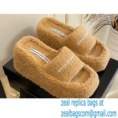 Alexander Wang Heel 9.5cm Platform 6cm Taji Slide Sandals Shearling Camel 2022 - Click Image to Close
