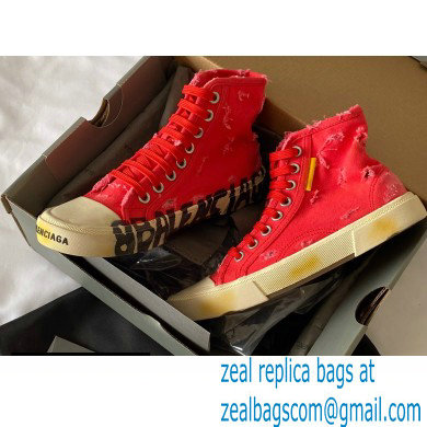 Balenciaga Paris High Top Sneakers in Destroyed cotton and rubber Red 2022 - Click Image to Close