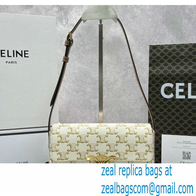 Celine Shoulder Bag Triomphe in Triomphe canvas and calfskin 60373 White - Click Image to Close