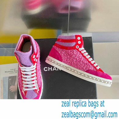 Chanel Heel 2.5cm Chain Calfskin and Tweed Mid-top Sneakers Fuchsia 2022