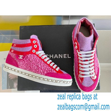 Chanel Heel 2.5cm Chain Calfskin and Tweed Mid-top Sneakers Fuchsia 2022 - Click Image to Close