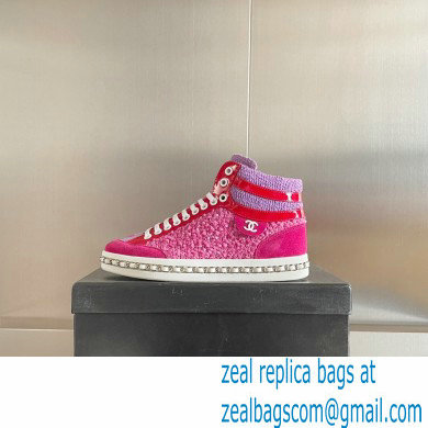 Chanel Heel 2.5cm Chain Calfskin and Tweed Mid-top Sneakers Fuchsia 2022