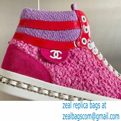 Chanel Heel 2.5cm Chain Calfskin and Tweed Mid-top Sneakers Fuchsia 2022 - Click Image to Close