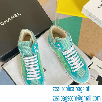 Chanel Heel 2.5cm Chain Calfskin and Tweed Mid-top Sneakers Green 2022 - Click Image to Close