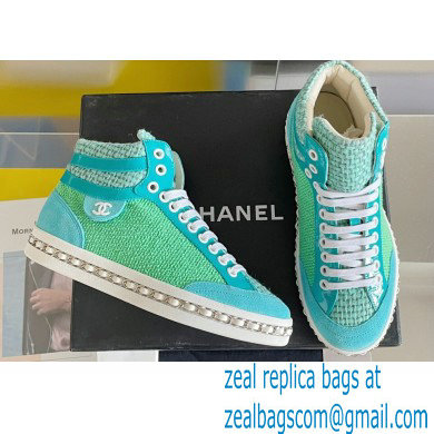 Chanel Heel 2.5cm Chain Calfskin and Tweed Mid-top Sneakers Green 2022