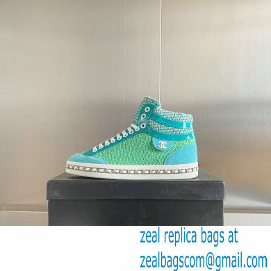 Chanel Heel 2.5cm Chain Calfskin and Tweed Mid-top Sneakers Green 2022