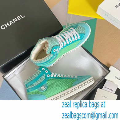 Chanel Heel 2.5cm Chain Calfskin and Tweed Mid-top Sneakers Green 2022 - Click Image to Close