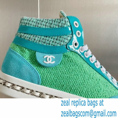 Chanel Heel 2.5cm Chain Calfskin and Tweed Mid-top Sneakers Green 2022