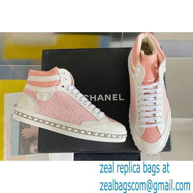 Chanel Heel 2.5cm Chain Calfskin and Tweed Mid-top Sneakers Pink 2022