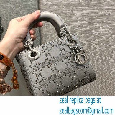 DIOR Mini Lady Dior Bag in gray Strass Cannage Satin 2022 - Click Image to Close