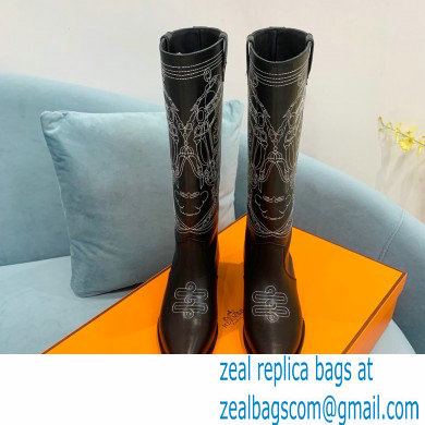 Hermes Folk 35 boots with embroidered details Calfskin Black 2022 - Click Image to Close