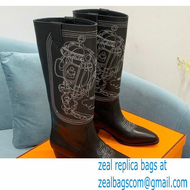 Hermes Folk 35 boots with embroidered details Calfskin Black 2022