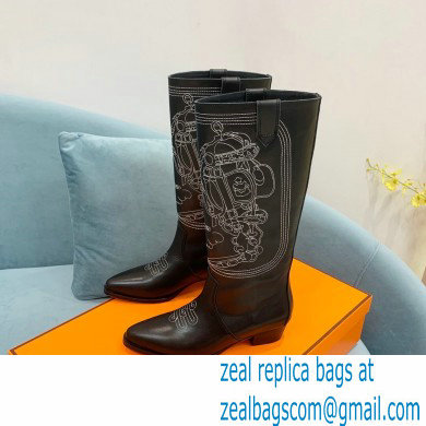Hermes Folk 35 boots with embroidered details Calfskin Black 2022 - Click Image to Close