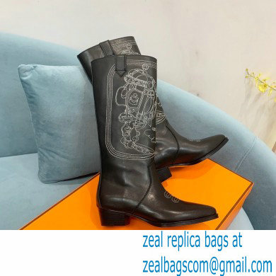 Hermes Folk 35 boots with embroidered details Calfskin Black 2022