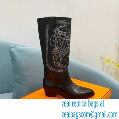 Hermes Folk 35 boots with embroidered details Calfskin Black 2022