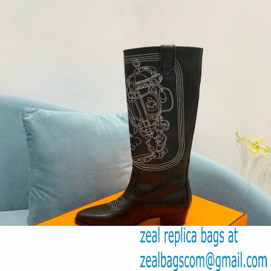 Hermes Folk 35 boots with embroidered details Calfskin Black 2022 - Click Image to Close