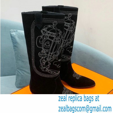 Hermes Folk 35 boots with embroidered details Calfskin Suede Black 2022 - Click Image to Close