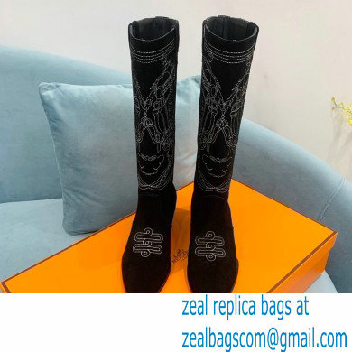 Hermes Folk 35 boots with embroidered details Calfskin Suede Black 2022