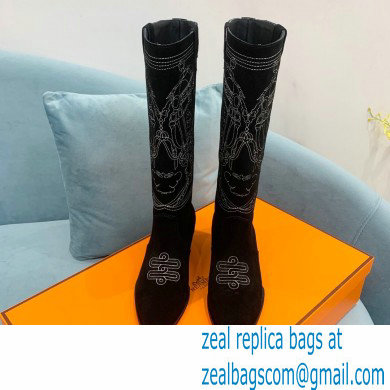 Hermes Folk 35 boots with embroidered details Calfskin Suede Black 2022 - Click Image to Close