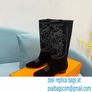 Hermes Folk 35 boots with embroidered details Calfskin Suede Black 2022 - Click Image to Close