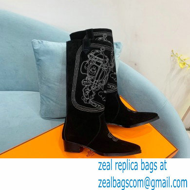 Hermes Folk 35 boots with embroidered details Calfskin Suede Black 2022 - Click Image to Close