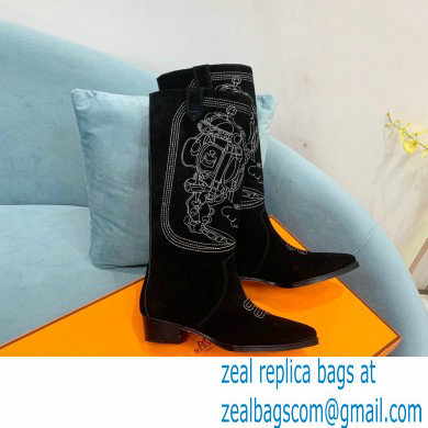 Hermes Folk 35 boots with embroidered details Calfskin Suede Black 2022