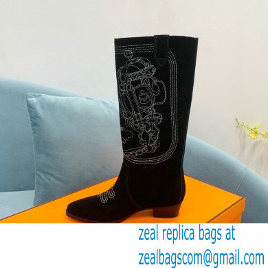 Hermes Folk 35 boots with embroidered details Calfskin Suede Black 2022