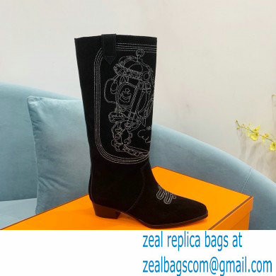 Hermes Folk 35 boots with embroidered details Calfskin Suede Black 2022 - Click Image to Close