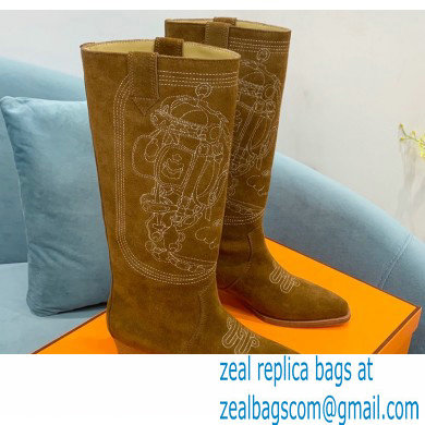 Hermes Folk 35 boots with embroidered details Calfskin Suede Brown 2022 - Click Image to Close