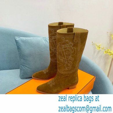 Hermes Folk 35 boots with embroidered details Calfskin Suede Brown 2022