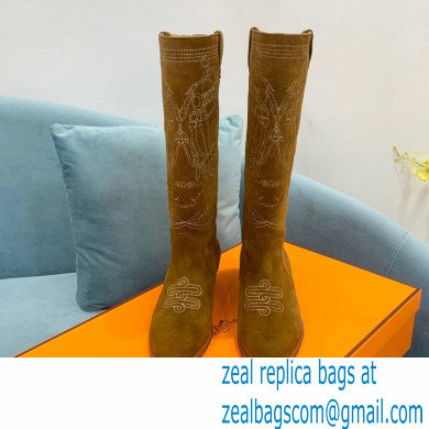 Hermes Folk 35 boots with embroidered details Calfskin Suede Brown 2022 - Click Image to Close