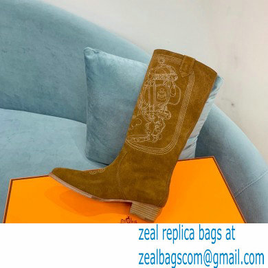 Hermes Folk 35 boots with embroidered details Calfskin Suede Brown 2022 - Click Image to Close