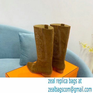 Hermes Folk 35 boots with embroidered details Calfskin Suede Brown 2022