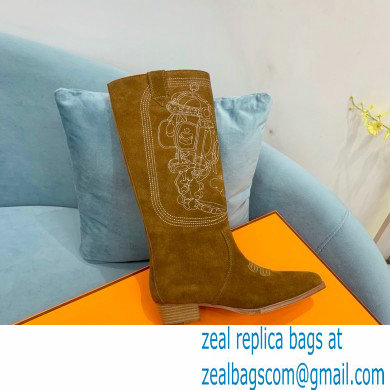 Hermes Folk 35 boots with embroidered details Calfskin Suede Brown 2022 - Click Image to Close