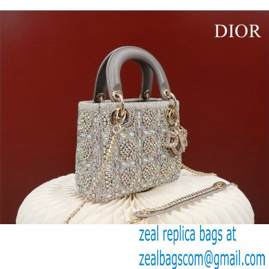 Lady Dior mini Bag in Metallic Calfskin and Satin with gray Bead Embroidery 2022 - Click Image to Close