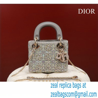 Lady Dior mini Bag in Metallic Calfskin and Satin with gray Bead Embroidery 2022 - Click Image to Close