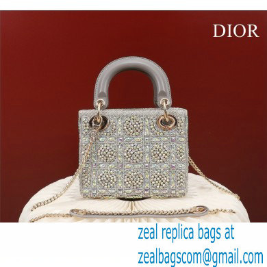 Lady Dior mini Bag in Metallic Calfskin and Satin with gray Bead Embroidery 2022