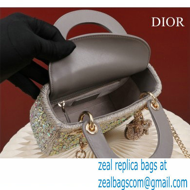 Lady Dior mini Bag in Metallic Calfskin and Satin with gray Bead Embroidery 2022 - Click Image to Close