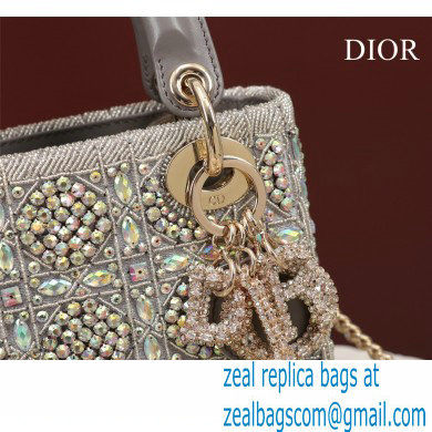 Lady Dior mini Bag in Metallic Calfskin and Satin with gray Bead Embroidery 2022 - Click Image to Close